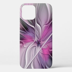 Funda Para iPhone 12 Pro Fractal floral moderno abstracto flor rosa gris