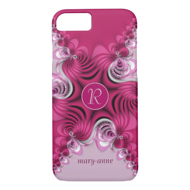 Funda De Case-Mate Para iPhone Fractal Pink Swirls Monograma Nombre (Reverso)