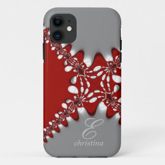 Funda Para iPhone 11 Fractales de encaje tribal de plata roja Monograma