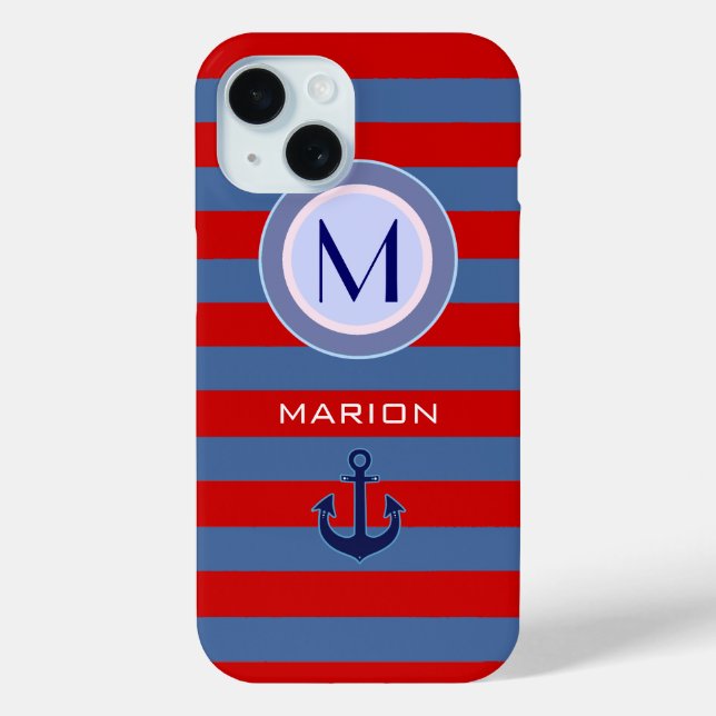 Funda De Case-Mate Para iPhone franjas azules y rojas monogramadas (Reverso )