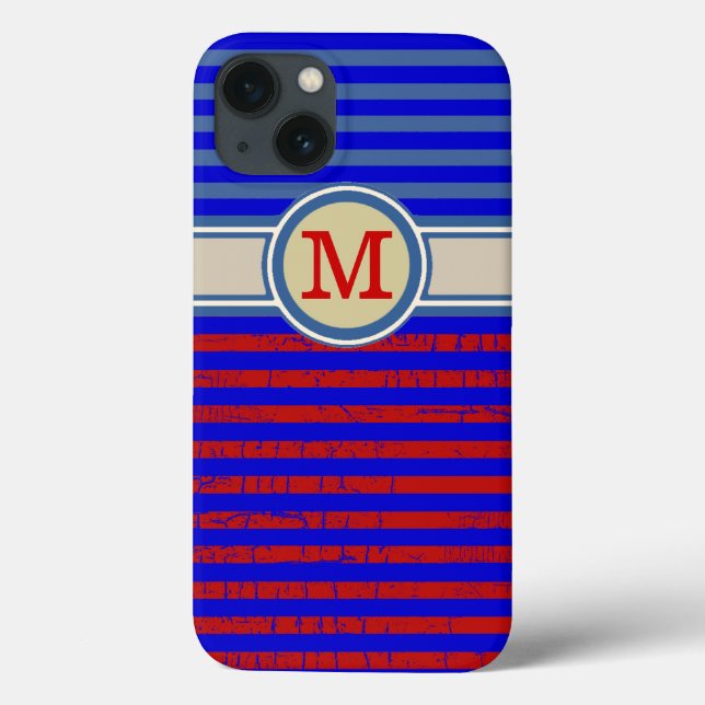 Funda De Case-Mate Para iPhone franjas monogramadas de azul rojo (Reverso)