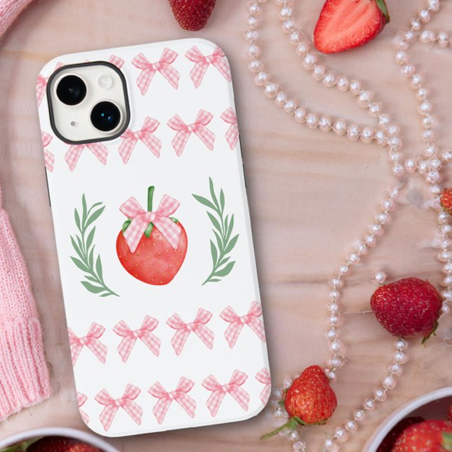 Funda De Case-Mate Para iPhone Fresa Perrito Rosa Gingham Bows Laurel Wreath (iphone case with pink gingham bows and strawberry logo by Darling and May)