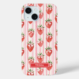 Funda Para iPhone 15 Fresas acuarela con lazos coquette
