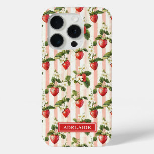 Funda Para iPhone 15 Pro Fresas acuarela en rayas monogramadas