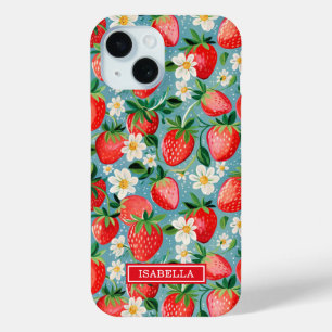 Funda Para iPhone 15 Fresas acuarela sobre monograma azul