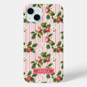 Funda Para iPhone 15 Mini Fresas acuarela sobre rayas rosadas