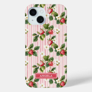 Funda Para iPhone 15 Fresas acuarela sobre rayas rosadas