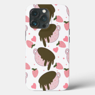 Funda Para iPhone 13 Pro Fresas De Chocolate Corazones Lindos Patrón Rosa 