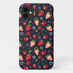 Funda Para iPhone 11 Fresas y cerezas en un fondo oscuro