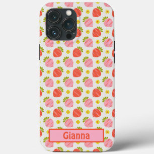 Funda Para iPhone 13 Pro Max fresas y margaritas rosadas y rojas