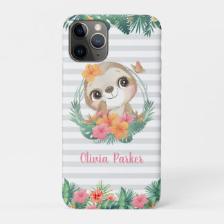 Funda Para iPhone 11 Pro Fronteras tropicales Hibiscus Flowers Sloth Person