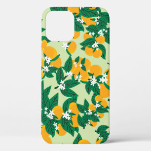 Funda Para iPhone 12 fruta naranja: patrón de cosecha verde.