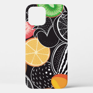 Funda Para iPhone 12 Frutas tropicales coloridas, fondo negro.