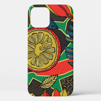 Funda Para iPhone 12 Frutas tropicales, hojas, doodle floral patrón.
