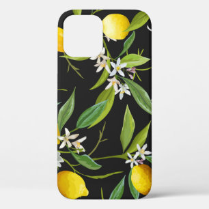 Funda Para iPhone 12 Frutas y flores de limón de época sobre fondo oscu
