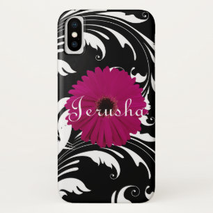 Funda Para iPhone X Fuchsia Pink Gerbera Daisy Black/White Swirly Girl