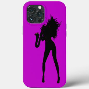 Funda Para iPhone 13 Pro Max Funda de iPhone morada con chica que toca el saxof