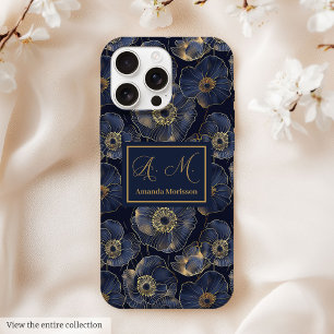 Funda Para iPhone 15 Pro Max Funda de iPhone Navy Gold Monograma de Quinceañera