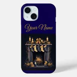 Funda para iPhone 15 de Navidad en azul marino y d