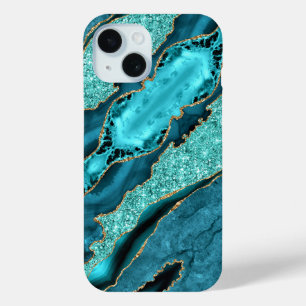 15 Funda para iPhone azul turquesa dorado brillante