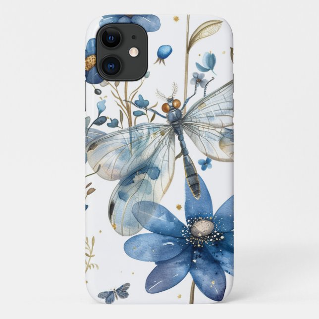 Funda De Case-Mate Para iPhone Funda para iPhone Blue Dragonfly y Flores  (Reverso)