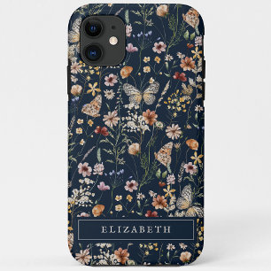 11 Funda para iPhone con flores monograma azul marino