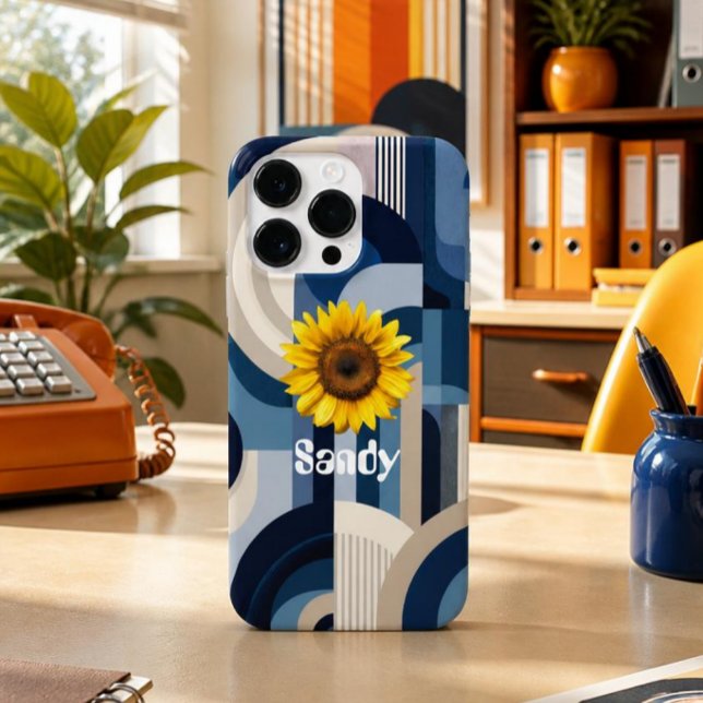 Funda De Case-Mate Para iPhone Funda para iPhone de girasol geométrico azul retro (Subido por el creador)