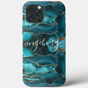13 Pro Max Funda para iPhone - Mármol Azul Teal Venas Doradas
