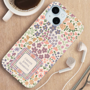 iPhone 15 Funda para teléfono de patchwork floral y a cuadro