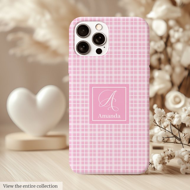 Funda De Case-Mate Para iPhone Funda personalizada de cuadros rosados para iPhone (Custom Pink Plaid iPhone Case Chic Monogram Style)
