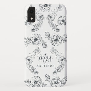 Funda Para iPhone XR Futuro Sra. Black White Floral Moda Script Bride