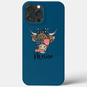 Funda Para iPhone 13 Pro Max Gafas de la bandera de EE. UU. de la vaca Highland