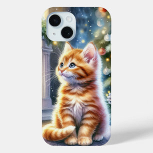 Funda Para iPhone 15 Gatito amarillo de Navidad vintage
