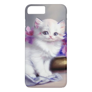 Funda Para iPhone 8 Plus/7 Plus Gatito blanco vintage con flores rosadas y moradas