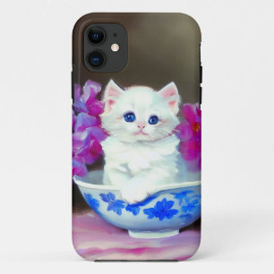 Funda Para iPhone 11 Gatito blanco vintage con flores rosas
