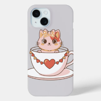 Funda Para iPhone 15 Gatito Kawaii en una Taza de Té