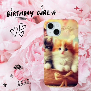 Funda Para iPhone 15 Gatito lindo y cesta, tu nombre