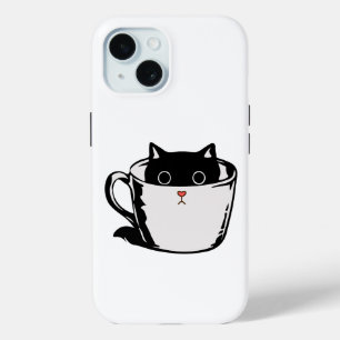 Funda Para iPhone 15 Gatito negro con nariz roja escondido en una taza