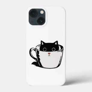 Funda Para iPhone 13 Mini Gatito negro con nariz roja escondido en una taza
