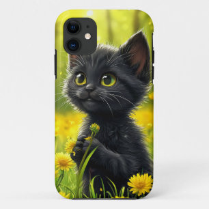 Funda Para iPhone 11 Gatito negro de dibujos animados con diente de leó