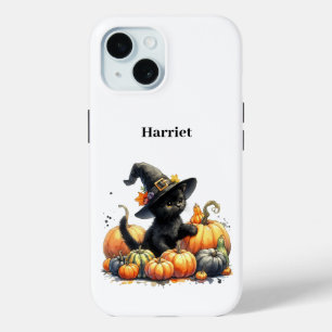 Funda Para iPhone 15 Gatito negro de Halloween con calabazas y Gorra de