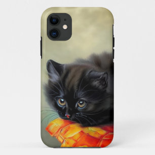 Funda Para iPhone 11 Gatito negro vintage con manta de flores rojas