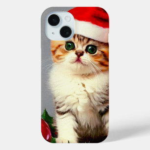 Funda Para iPhone 15 Gatito vintage de Navidad en Santa Hat