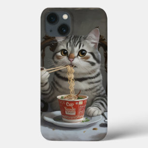 Funda Para iPhone 13 Gato a rayas disfrutando de fideos de la copa