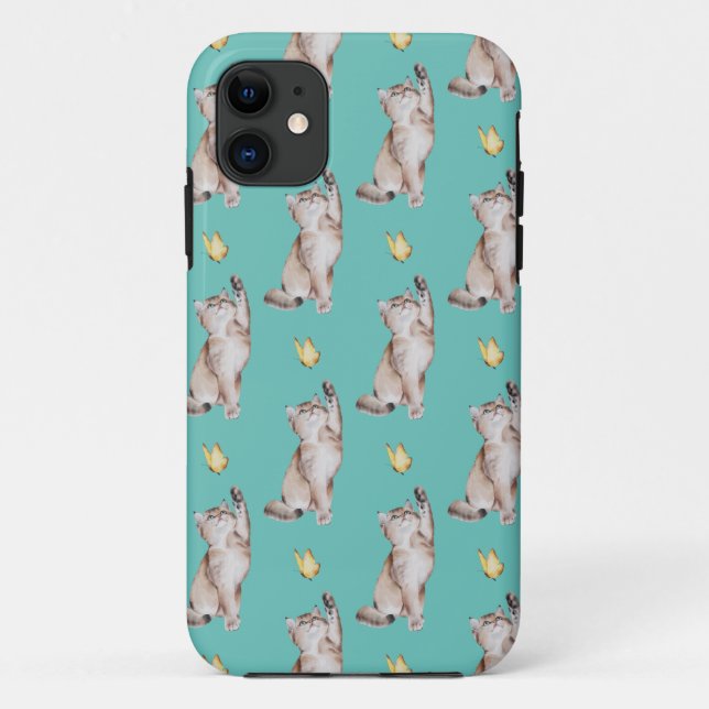 Funda De Case-Mate Para iPhone Gato alcanzando mariposa amarilla sobre fondo teal (Reverso)