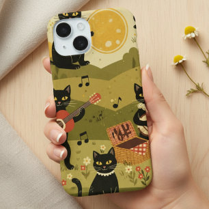 Funda Para iPhone 15 Gato Amante de Guitarra de Arte Vintage