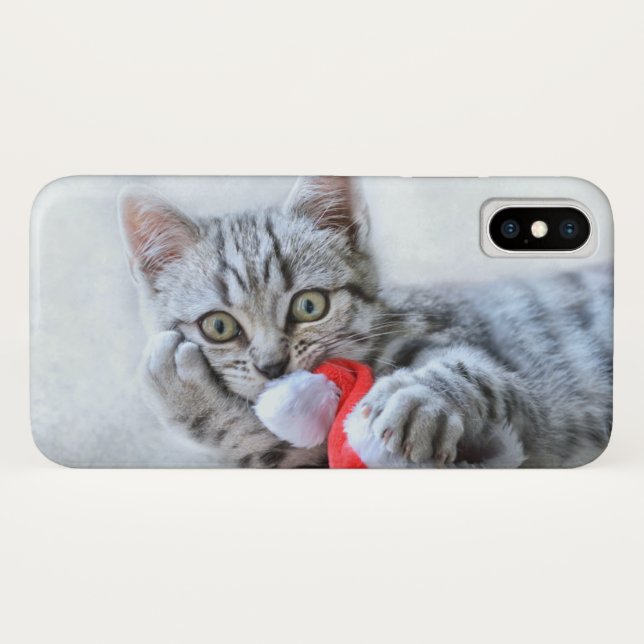 Funda De Case-Mate Para iPhone Gato atigrado gris lindo con sombrero de Navidad (Reverso (horizontal))