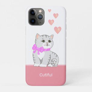Funda Para iPhone 11 Pro Gato atigrado lindo y corazones sobre rosa y blanc