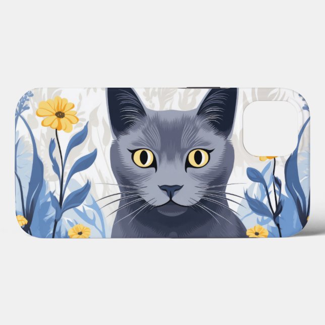 Funda De Case-Mate Para iPhone Gato Azul Ruso Flores Amarillas (Reverso (Horizontal))