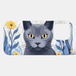 Funda Para iPhone 13 Pro Gato Azul Ruso Flores Amarillas